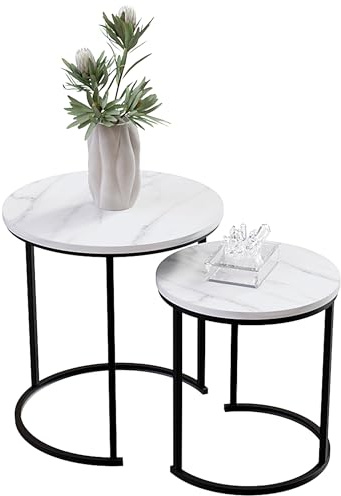 Vida Designs Brooklyn Nest of 2 Round Tables Living Room Stacking side End Tables Metal Frame (Marble)