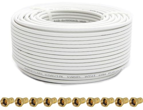 Premium X 50m Sat Koaxial Mini Kabel 90dB 2-Fach geschirmt 4mm Dünnes Antennenkabel FullHD HDTV 3D Weiß 10x F-Stecker