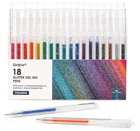 Grabie Glitzer-Gelstifte, 18 Farben, metallisch, lebendig, glitzernde Gelstifte zum Ausmalen, einziehbare Glitzer-Marker, Glitzerstifte für Erwachsene, farbige Gelstifte für Malbücher und Zeichnungen