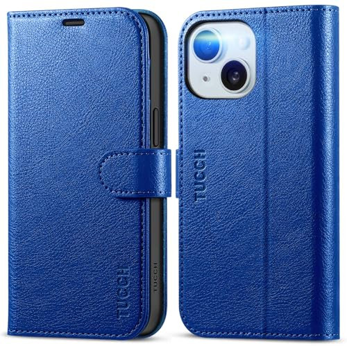 TUCCH Case for iPhone 15 (6.1) 2023 5G, Magnetic PU Leather Wallet Protective Flip Folding Stand Cover with[RFID Blocking]Card Holders[Kickstand][Shockproof TPU]Compatible with iPhone 15, Klein Blue