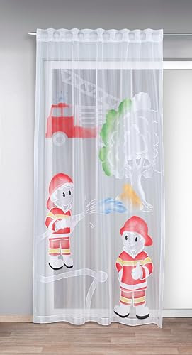 KAMACA Gardine mit verdeckten Schlaufen und Gardinenband Kinderzimmer Voile Weiss transparent Fertiggardine mit wundervollem Motiv Kindergardine HxB 245 x 140 cm (Feuerwehr)