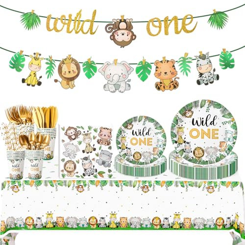 saerryor Wild One Birthday Decorations Plates Set for 25 Guests,202pcs Ungle Safari Theme Paper Plates Cups Napkins Tablecloth Banner for Kids 1st Animal Birthday Dinnerware Set Wild One Party Suppl