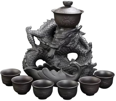 Halbautomatisches Teeset YoeEoay Drachen Chinesisches Kungfu Teeservice Set 9-teilig Vintage Porzellan Traditionelle Lila Ton-Teekanne Teetasse Set Zisha-Teeservice Set Geschenke Für Männer Erwachsene