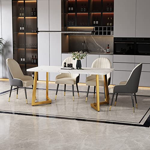 Merax Esstisch 117x68cm, Rechteckiger Marmormuster Esstisch, für 4-6 Personen, Metallrahmen, Metallbeine, geeignet für Restaurant, Wohnzimmer, Küche,Wohnzimmer, Weiß/Gold