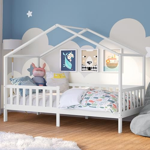 Bellabino Kinderbett Bia 90x200 cm, Hausbett Kinder ohne Schubladen inkl. Rausfallschutz und Rolllattenrost, Montessori Bett weiß aus Massivholz Kiefer
