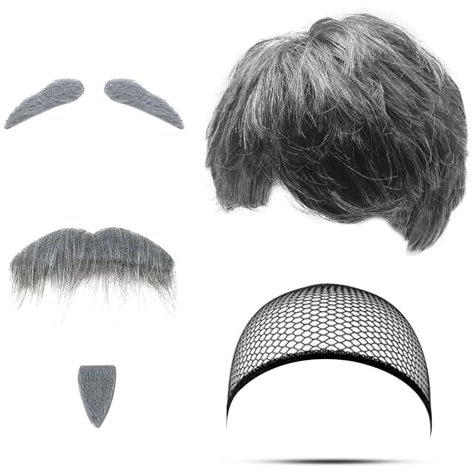TUONYIS Old Man Kostüm Opa Kostüm Set Zubehör Opa Perücke Set Perücke Kappe Grau Bart Augenbrauen Perücke Kappe für Halloween Welttag Party Retro Bühne Cosplay (Grau)