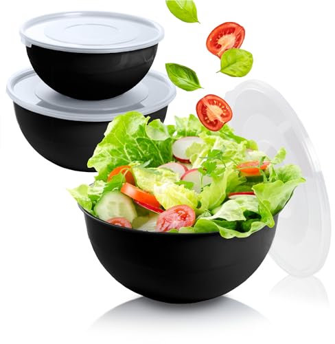 EDANTI Lot de 3 grands saladiers avec couvercle - 2 à 5 l - En plastique - Idéal pour mélanger et servir - Noir