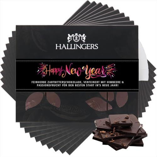 Hallingers Genuss Manufaktur Vegane Schokolade Weihnachts-Geschenk - Tafel handgeschöpfter Edelkakao ohne Alkohol edler Karton 10x Happy New Year ... Himbeer-Maracuja, Weihnachten für Frauen Männer