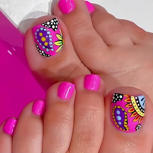24PCS Hot Pink Press on Toenails Short Square Fake Toenails Summer Toe Press on Nails with Colorful Flower Design Fake Toe Nails Cute Artificial Beach Flower Full Cover Toenail for Women and Girls