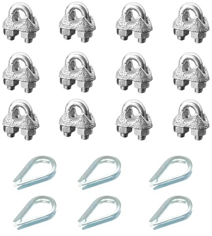 Morsetti per funi metalliche, clip e ditali zincati M6 per cavo in acciaio da 1/4, 12 morsetti per cavi in acciaio resistente e 6 ditali per uso domestico, industriale e esterno