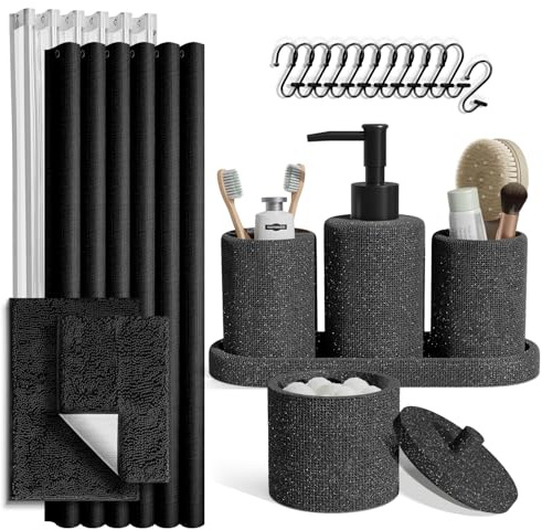 Clara Clark Coal Black Bathroom Set - Bathroom Sets with Shower Curtain and Rugs, 21PC Bathroom Accessory Set, Shower Curtain Set with Soap Dispenser & Toothbrush Holder