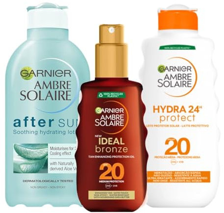 Garnier Ambre Solaire Ideal Bronze Bräunungsöl für den Körper, 150 ml, feuchtigkeitsspendende After Sun mit Aloe Vera, 200 ml und Schutzmilch für den Körper, LSF 20, 200 ml