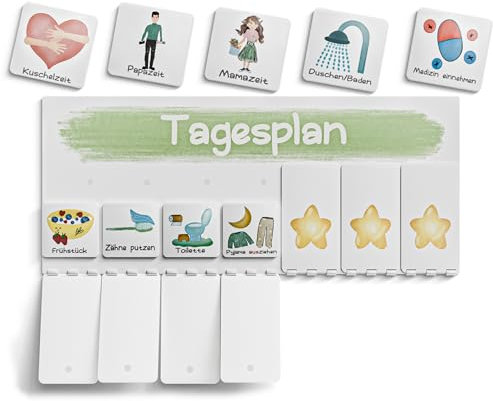MEGA Tagesplan für Kinder, Routineplaner Kind, Morgenroutine & Abendroutine mit Klett-Punkten zum umklappen, 30 Kärtchen, Handmade, Deutsch, Tagesplaner
