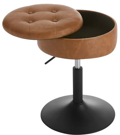 WOLTU Schminkhocker, Sitzhocker mit Stauraum, Barhocker niedrig drehbar, Hocker höhenverstellbar, Drehhocker für Bar Schminktisch Kücheninsel Tresen, Kunstleder, Braun, BH439br-1