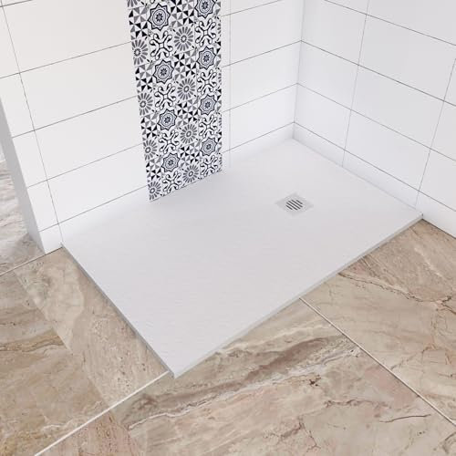 Receveur de douche blanc 140x90x3cm - Extra plat - En résine - Avec bonde d'évacuation - Grille en ABS - Bac à douche rectangulaire