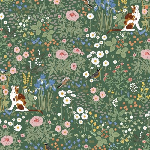 Yomshi Blumen Tapete Selbstklebende Katze Klebefolie Möbelfolie Abnehmbar Wasserdicht Selbstklebende Folie Rustikalen Stil Tier Botanische Tapete für Bad Schlafzimmer Kinderzimmer Dunkelgrün 44cmx10m