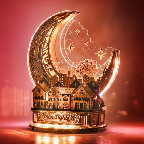 FUNPOLA 3D Puzzle Moon City Model - LED 3D Wood Puzzle - 3D Wooden Puzzles for Adults Home Décor Gifts for Teens and Adults （Brown)