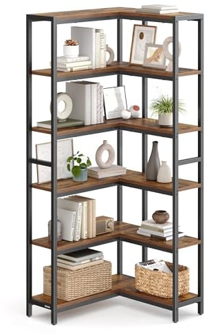 VASAGLE Bücherregal mit 6 Ebenen, Eckregal, 24 x 102 x 175,2 cm | Aufbewahrungsregal, modern, für Wohnzimmer, Schlafzimmer, Büro, vintagebraun-tintenschwarz, BARNET Kollektion LLS606K01