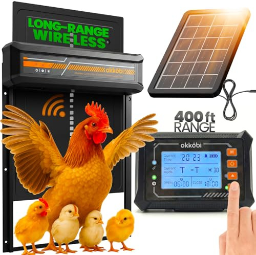Hühnerklappe Automatisch Solar mit Drahtloser Steuerbox und Timer | Mit LCD Display Lichtsensor sowie Einklemmschutz für Hühner Enten und Kaninchen, Schwarz