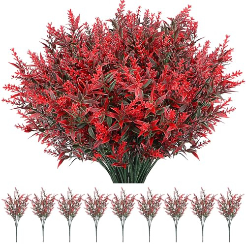 Dawitrly 9 Bundles Artificial Flowers Outdoor, Faux Plastic Floral Bouquet, UV Resistant Shrubs Plants Fake Flowers Bulk for Indoor Decoration, Home Garden, Porch, Windows Arrangements Decor (Red)