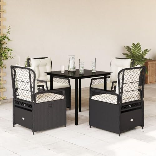 Teenpull 5-TLG. Garten-Essgruppe Schwarz Poly Rattan, verstellbare Relaxsessel mit Kissen, Gartentisch aus Glas, für Patio Outdoor Dining & Balkon, UV-beständig, 110 kg Traglast