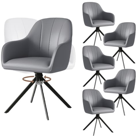 Hawthyhome Esszimmerstühle Drehbar 6er Set 5cm Sitzkissen PU Leder/Grau | Stühle Esszimmer mit Armlehne,Polsterstuhl mit Metallbeinen,Moderner Küchenstuhl für Esszimmer,Wohnzimmer,Büro