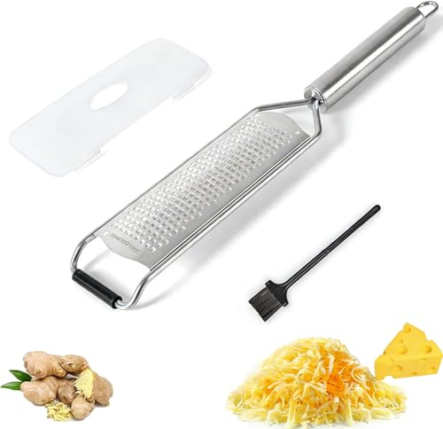 304 Stainless Cheese Grater, Parmesan Cheese Grater with Handle, Lid and Brush, for Parmesan, Lemon, Vegetables, Potato, Garlic, Ginger Kitchen Parmesan Grater (Silver)