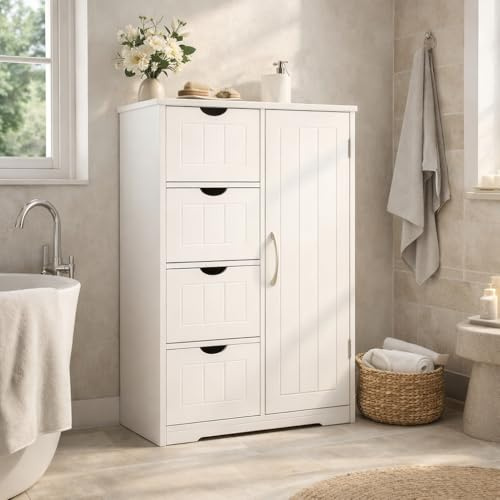 DUMOS Badezimmerschrank, MDF Kommode mit Schubladen, Badschrank Schmal Klein, Beistellschrank mit 4 Schubladen, 55 x 28.5 x 81 cm, für Badezimmer, Wohnzimmer, Schlafzimmer, Esszimmer, Küche, Weiß