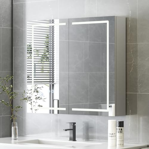HySail Spiegelschrank Bad mit Beleuchtung, Dimmbare Helligkeit & 3 Farbtemperaturen, 80x70x14cm Badezimmer Spiegelschrank mit Touch-Schalter, Anti-Beschlag & Steckdose, Komplett Vormontiert