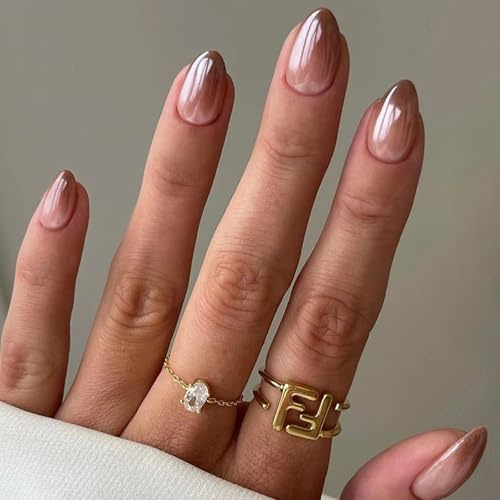 Short Oval Fake Nails - 24PCS Gradient Brown Press on Nails Almond - French Tip False Nails Short - Elegant Ombre Full Cover Stick on Nails for Women Daily Wear,12 Sizes