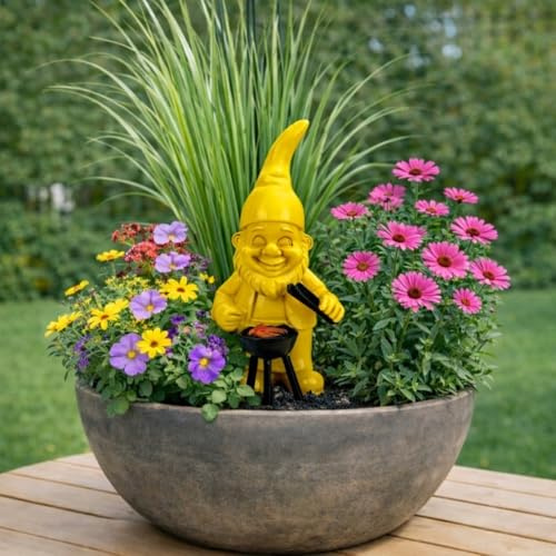Online Fuchs Gartenfiguren für draußen moderner Gartenzwerg mit Grill - 18,5 cm groß, wetterfest - lustige Geschenkidee als Gartendekoration (Gelb)