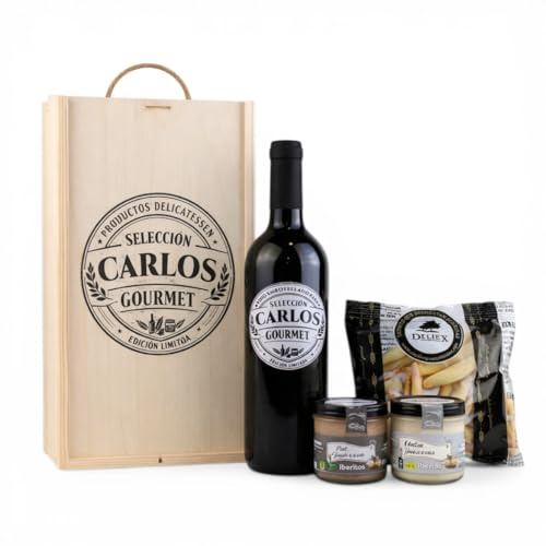 Pack Gourmet Personalizado con Nombre en Caja de Madera, Regalo Original