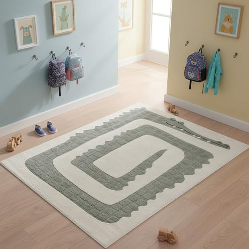 CARPETIA Kinderteppich Krokodil Creme Grün Hoch-Tief-Relief 80x150 cm | Weich, pflegeleicht, strapazierfähig und formstabil, mit Hoch-Tief-Relief, für Fußbodenheizung & moderne Kinderzimmer
