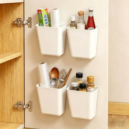 Surflyee 4 Stück Küchenschranktür Aufbewahrungsbox | Selbstklebende Wandmontierte Aufbewahrungsbox, Kleine Gegenstände Organizer für Küche, Schrank, Badezimmer, KüHlschrank