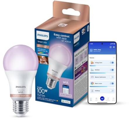 Philips Smart Lighting, Smarte LED RGB A60 Lampe, E27-Sockel, 1521 lm, farbiges und einstellbares weißes Licht 2200–6500 K, niedrig dimmbar, kompatibel mit WiZ, Alexa, Google Home, Apple Home