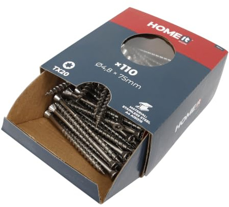 Home it Work® Tornillos de acero inoxidable A4 4,8 x 75 mm – 110 unidades tornillos para terraza con accionamiento TX20 – Tornillos avellanados para madera – inoxidable