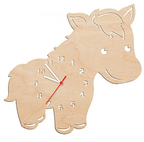 GRAVURZEILE Kinder Wanduhr aus Holz im Pferd Design für Mädchen & Jungen Kein Ticken Lautloses Uhrwerk 30 cm Groß in 5 Farben erhältlich Made in Germany Farbe Natur