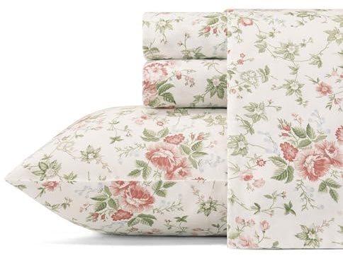Laura Ashley Sheets Weiches Satin-Baumwoll-Bettwäsche-Set – schlank, glatt und atmungsaktiv, Heimdekoration, Lilian Coral, Queen