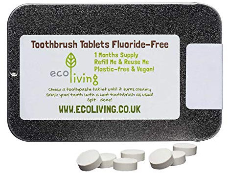 ecoLiving Mint Fluoride Toothpaste Tablets in (125 tabs in Refillable Pouch –2-Month Supply) - Vegan Safe Toothpaste Alternative –Eco Toothpaste Tabs – UK Made Natural Toothpaste tabs