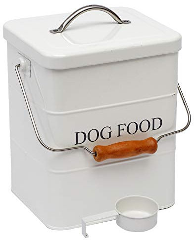 Dog treat food storage tin with lid and scoop included - white powder - carbon steel - pet food bin - storage canister tins - DogFood