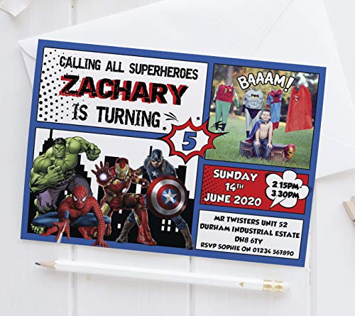 10 Personalised PHOTO Superhero Marvel Birthday Party Invites Invitations Comic Spiderman Ironman The Hulk Captain America