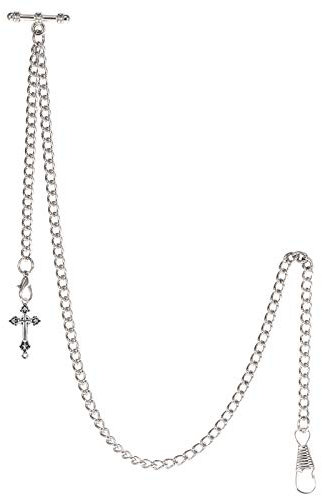 TREEWETO Men's Albert Chain Pocket Watch Curb Link Key Chain 2 Hooks with Antique Cross Silver Pendant Design Charm Fob T Bar