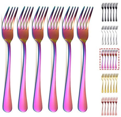 Kyraton Rainbow Dinner Fork 6 Pieces, Stainless Steel 20.5cm Forks Colorful Titanium Plating Silverware, Mutil-Color Forks Set of 6