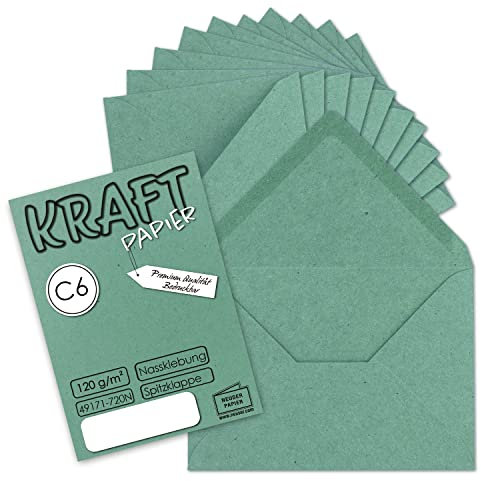 50x Kraftpapier Umschläge DIN C6 Eukalyptus-Grün - 11,4 x 16,2 cm ohne Fenster - Vintage Briefumschläge mit Nassklebung Spitzklappe - NEUSER PAPIER