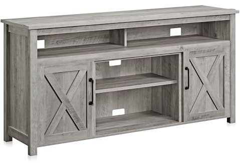 BELLEZE Barn Door Wood TV Stand & Media Entertainment Center Console Table for TVs up to 65 Inches with Two Open Shelves and Cabinets - Corin (Gray Wash)