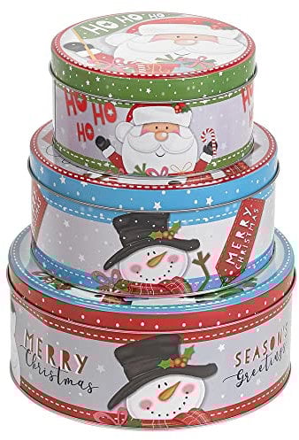 3pcs Christmas Cookie and Cake Xmas Biscuit Storage Nesting Tin Set Square/Round (Santa Snowman, Round)