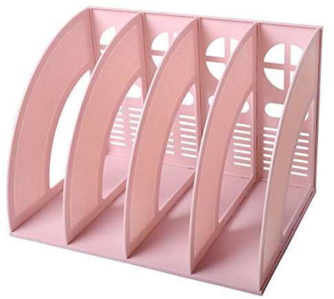 Marte Vanci Magazine File Holder, Desk File Organiser, Sturdy Plastic Book Holders Desktop A4 Paper Document Dividers Cabinet Shelf Magazine Rack Display Storage Organiser 4 Compartments (Pink)
