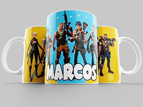 Taza personalizada con nombre con dibujos de personajes de videojuegos, taza de cerámica calidad premium 350ml hecha a mano, regalo original y divertido