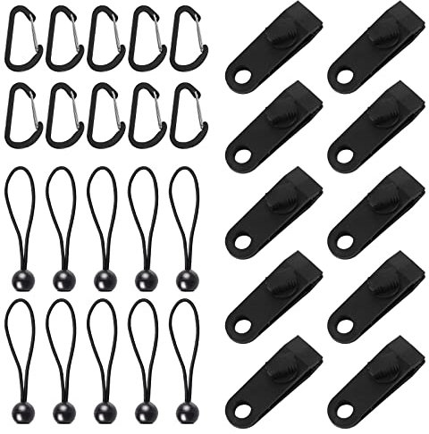 Mecctuck 30 Stück Multifunktion Zeltplane Clips, Tarp Clips Set, Markisenklemme Krokodil Mund Clip Set mit 10 Ball Bungee Seil, 10 Zelt Clips+10 D-Form Schnalle für Camping Bootsabdeckungen Markisen