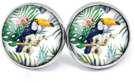 JUANLOWE Tukan Ohrringe, Vogel Motiv, silberfarbene Ohrstecker aus Edelstahl mit Cabochon, Stecker, Tropischer Sommer Schmuck, Tiermotiv